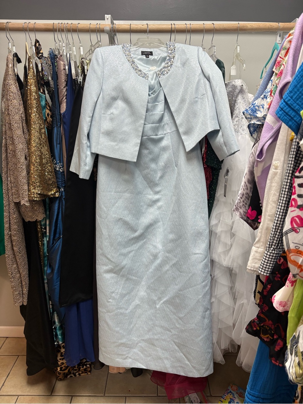Light Blue Beaded Neckline Long Sleeve Dress with Matching Jacket